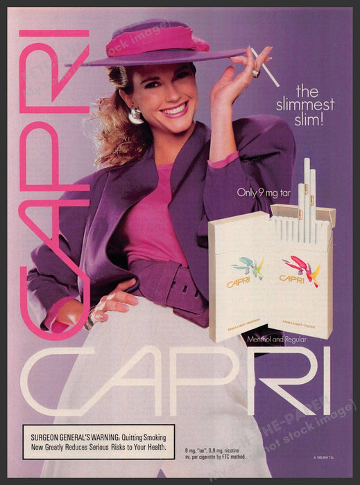 Capri Cigarettes 1980s Print Advertisement 1989 Purple The Slimmest Slim Fetch-the-Paper