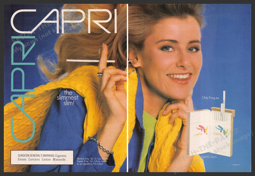 Capri Cigarettes 1980s Print Advertisement (2 page) 1989 Sweater Over Shoulder Capri
