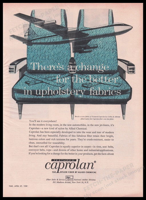 Caprolan Nylon Figer Airline Upholstry Fabrics 1950s Print Advertisement Ad 1959 Fetch the Paper!