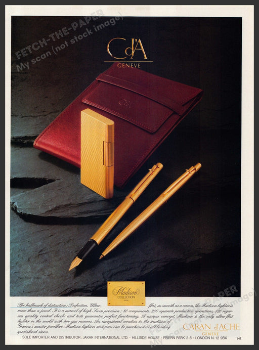 Caran d'Ache Madison Lighter & Pens Geneve 1980s Print Advertisement Ad 1980 Fetch-the-Paper