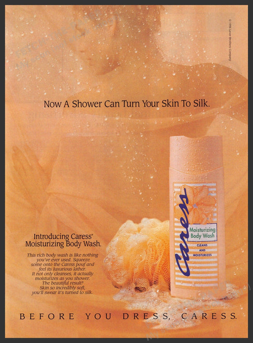 Caress Body Wash 1990s Print Advertisement Ad 1995 Bare Back Shower Skin to Silk Fetch-the-Paper