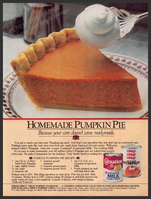 Carnation & Libby's 1980s Print Advertisement 1985 Homemade Pumpkin Pie Recipe Fetch-the-Paper