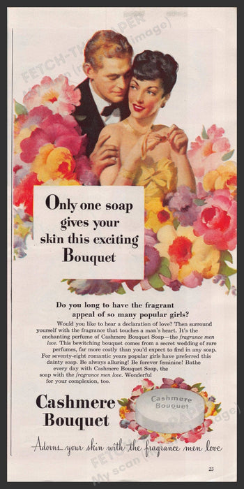 Cashmere Bouquet Soap 1940s Print Advertisement Ad 1947 Couple in Flowers Fetch-the-Paper