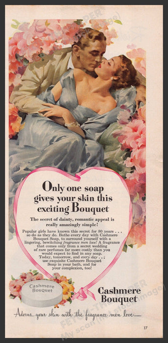 Cashmere Bouquet Soap 1940s Print Advertisement Ad 1949 Couple Laying in Flowers Fetch-the-Paper