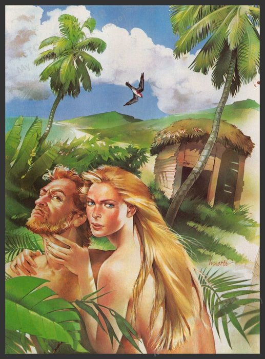 Catherine Huerta 1980s Magazine Illustration 1984 Couple Bare Jungle Hut Fetch-the-Paper