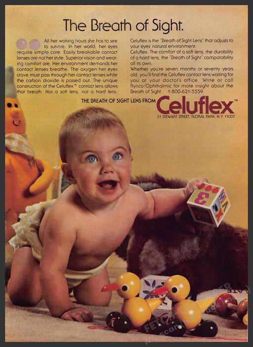 Celuflex Contact Lens 1980s Print Advertisement 1982 Baby with Toys Fetch-the-Paper