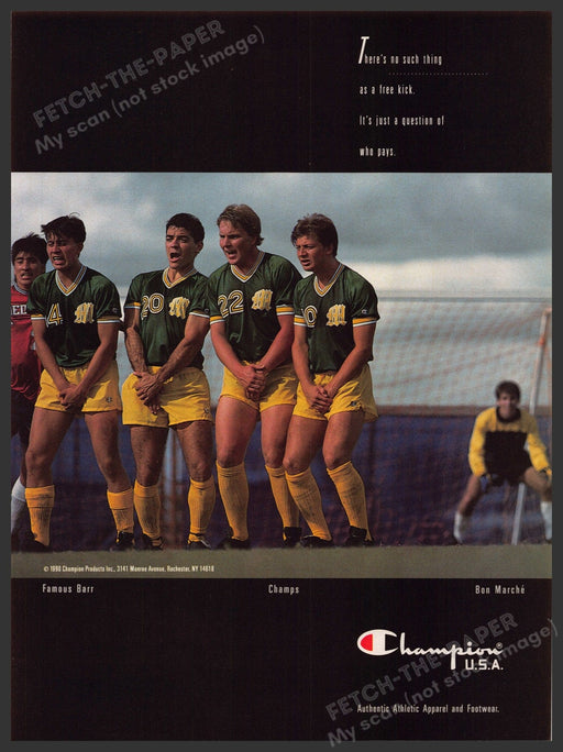 Champion U.S.A. Clothing 1990s Print Advertisement Ad 1990 Soccer Free Kick Fetch-the-Paper