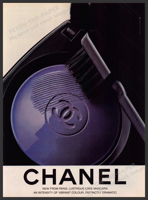 Chanel Cosmetics 1980s Print Advertisement 1984 Purple Lustrous Cake Mascara Fetch-the-Paper