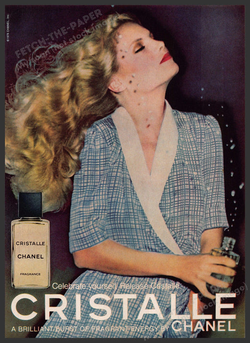 Chanel Cristalle 1970s Print Advertisement 1979 Woman Splash Bottle Fetch-the-Paper