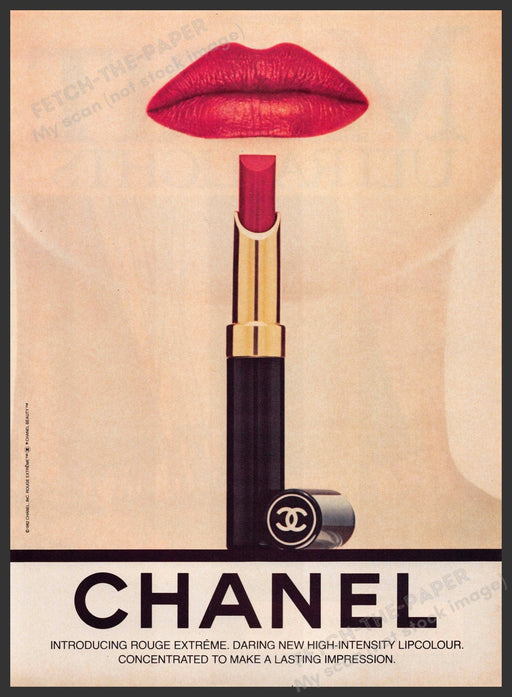 Chanel Lipstick 1980s Print Advertisement 1984 Red Lips Rouge Extreme Fetch-the-Paper