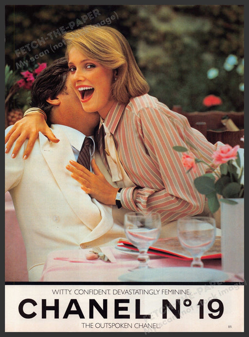 Chanel No. 19 Perfume 1980s Print Advertisement Ad 1986 Neck Kissing Couple Fetch-the-Paper