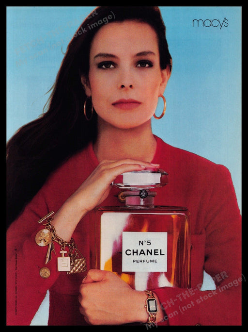 Chanel No. 5 Perfume 1980s Print Advertisement Ad 1987 Model with Large Bottle Fetch-the-Paper