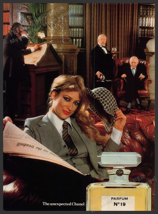 Chanel Parfum No. 19 Fragrance 1980s Print Advertisement Ad 1980 Men's Club Fetch-the-Paper