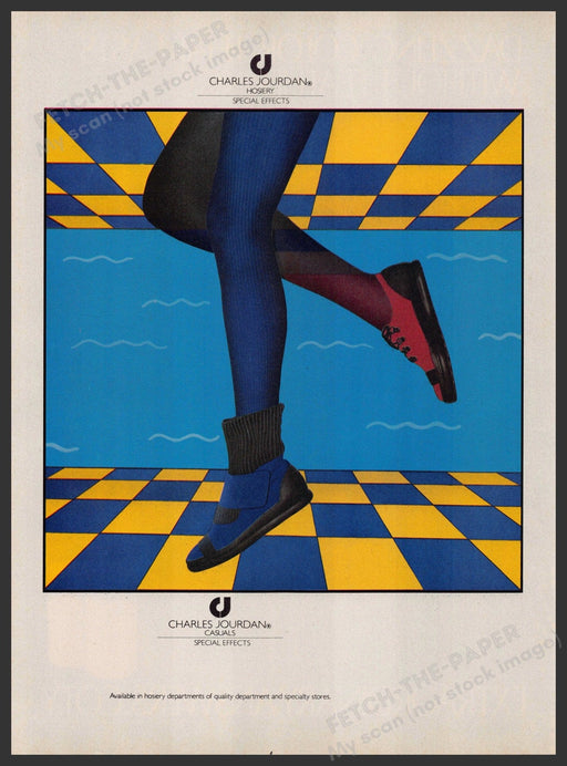Charles Jourdan 1980s Print Advertisement 1984 Hosiery Shoes Checkerboard Fetch-the-Paper