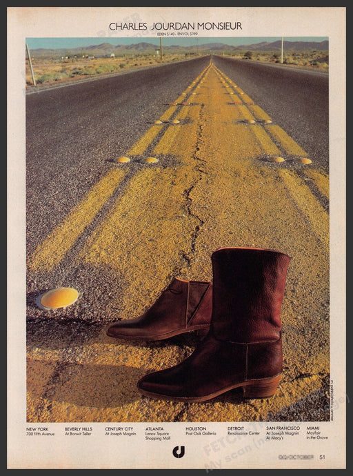 Charles Jourdan Monsier Footwear 1970s Print Advertisement 1979 Desert Road Fetch-the-Paper