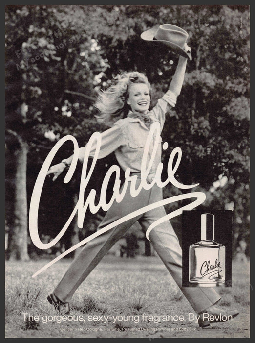 Charlie by Revlon 1980s Print Advertisement 1981 Young Girl with Cowboy Hat Revlon