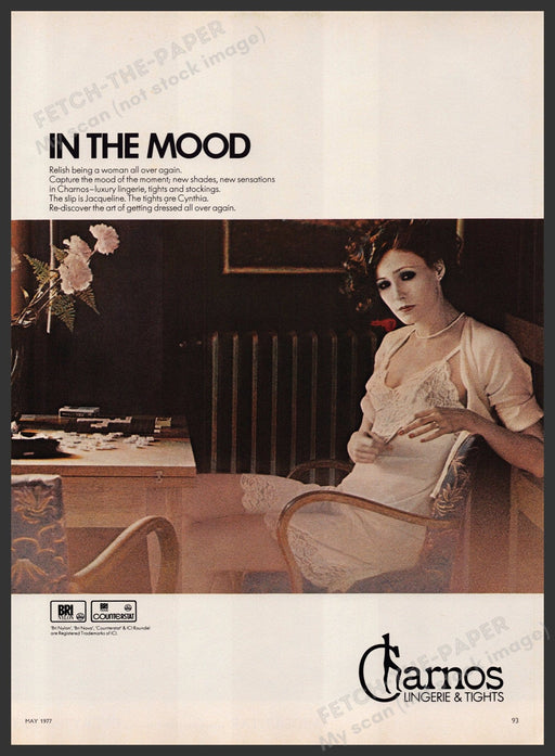 Charnos Lingerie & Tights 1970s Print Advertisement Ad 1977 "In the mood" Fetch-the-Paper