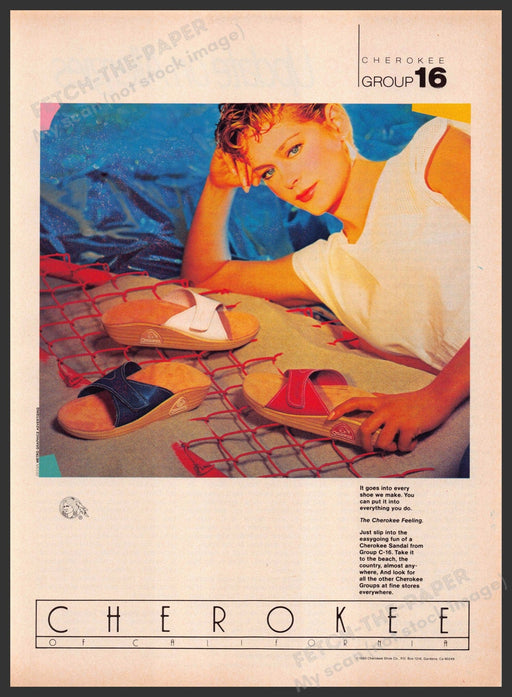 Cherokee of California 1980s Print Advertisement 1984 Sandals Woman Poolside Fetch-the-Paper