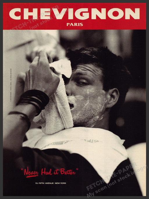 Chevignon Paris Clothing 1990s Print Advertisement Ad 1990 Barber Shave Fetch-the-Paper