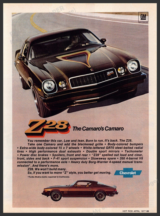 Chevrolet Camaro Z28 1970s Magazine Print Advertisement 1977 Style Moving Chevrolet Camaro
