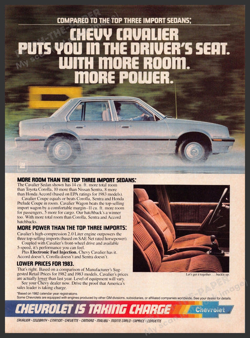 Chevrolet Cavalier 1980s Print Advertisement 1983 Car Driver's Seat Chevy Fetch-the-Paper