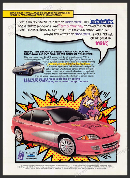 Chevrolet Cavalier Betsey Johnson Pink Car 2000s Print Advertisement Ad 2001 Fetch-the-Paper