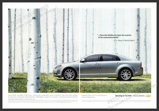 Chevrolet Malibu 2000s Print Advertisement (2 page) 2009 Car Birch Tree Forest Fetch-the-Paper