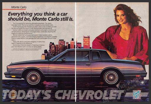 Chevrolet Monte Carlo 1980s Print Advertisement (2 pages) 1984 NYC Twin Towers Chevrolet Monte Carlo