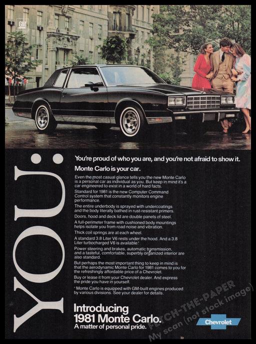 Chevrolet Monte Carlo Car 1980s Print Advertisement Ad 1980 "You: Proud" Fetch the Paper!