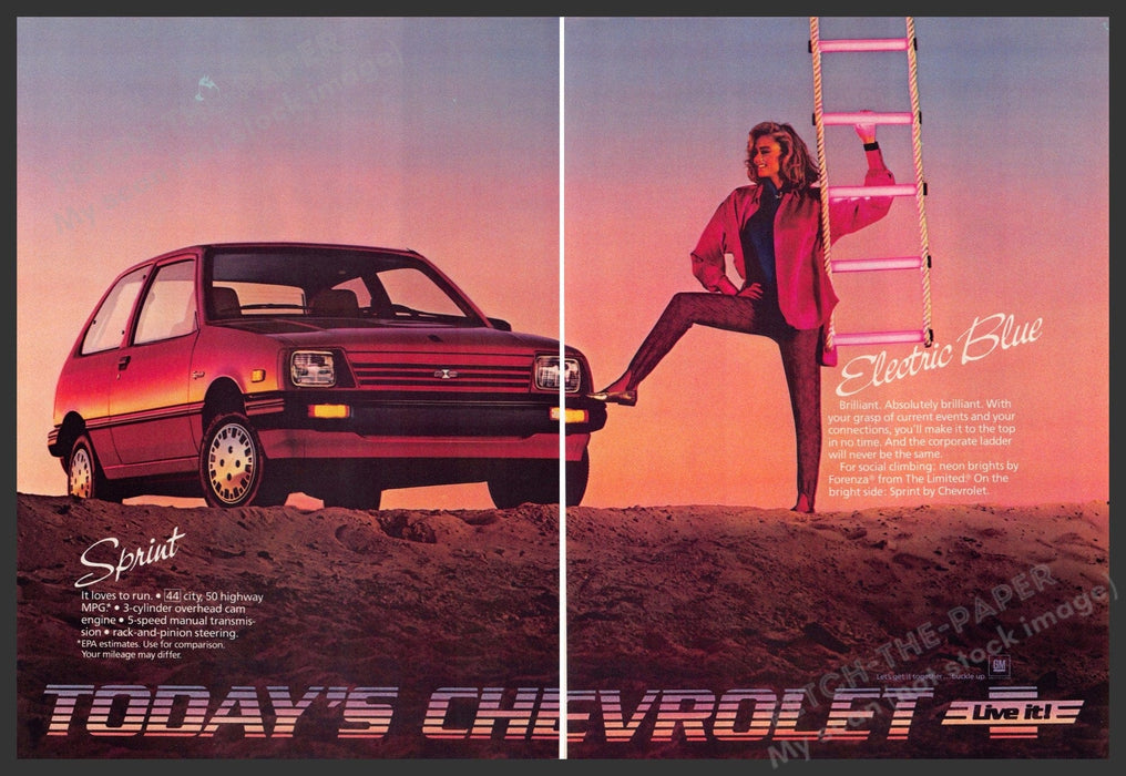 Chevrolet Sprint 1980s Print Advertisement (2 page) 1986 Woman Corporate Ladder Fetch-the-Paper