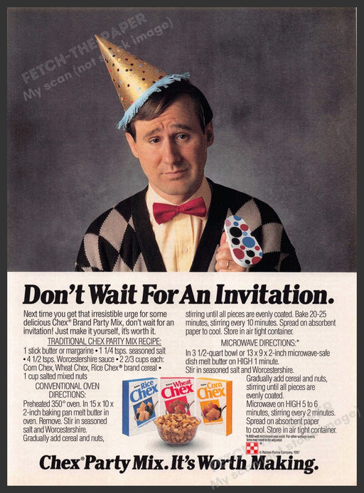 Chex Party Mix 1980s Print Advertisement 1987 Recipe Guy Party Hat Sad Chex