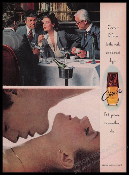 Chimere Perfume 1980s Print Advertisement Ad 1980 Kissing Couple Fetch the Paper!