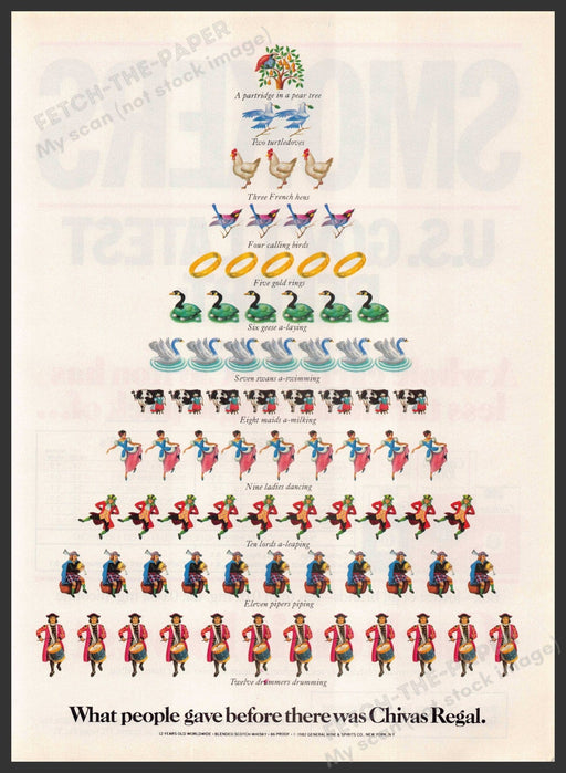 Chivas Regal 12 Days of Christmas 1980s Print Advertisement 1982 Fetch-the-Paper