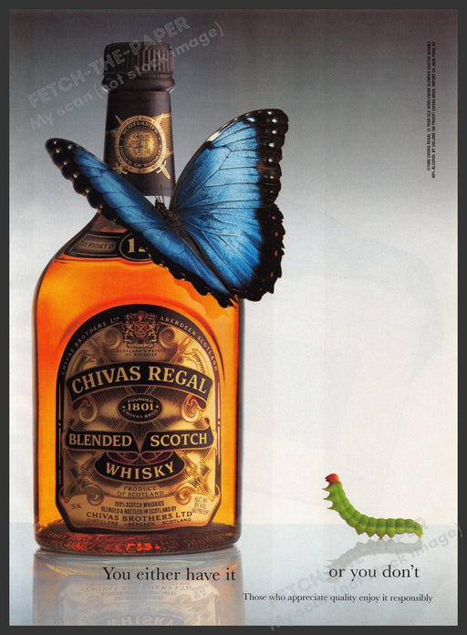 Chivas Regal 1990s Print Advertisement Ad 1995 Caterpillar to Butterfly Fetch the Paper!