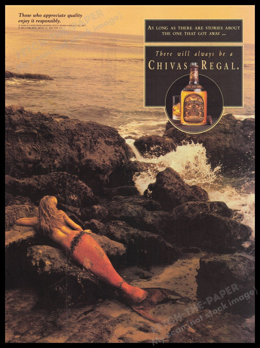 Chivas Regal Mermaid Woman On Surf Rocks 1990s Print Advertisement Ad 1993 Fetch the Paper!