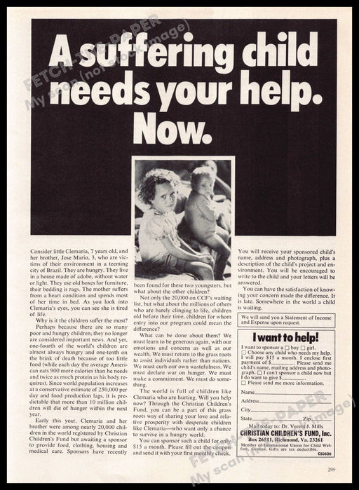 Christian Children's Fund 1970s Magazine Print Ad 1976 "A suffering child..." Christian Children's Fund