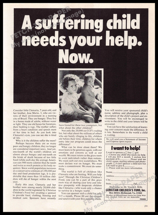 Christian Children's Fund 1970s Magazine Print Ad 1976 "A suffering child..." Christian Children's Fund