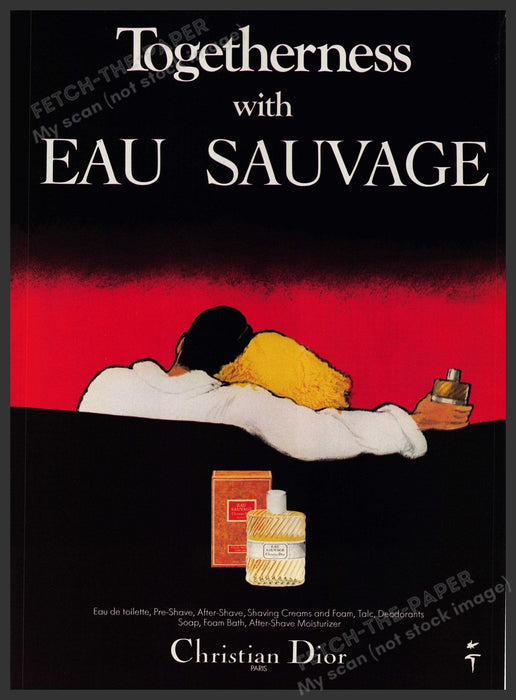 Christian Dior Eau Savage 1980s Print Advertisement Ad 1980 "Togetherness" Fetch-the-Paper