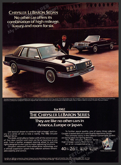 Chrysler LeBaron 1980s Print Advertisement 1982 Sedan & Convertible Shown Fetch-the-Paper