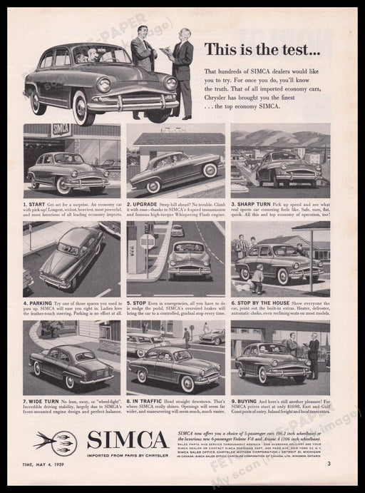 Chrysler Simca Car 1950s Print Advertisement Ad 1959 "This is the test..." Fetch the Paper!