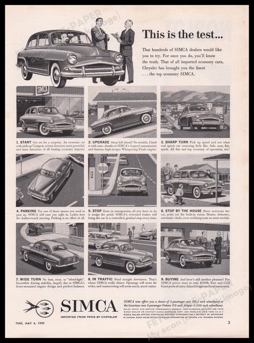 Chrysler Simca Car 1950s Print Advertisement Ad 1959 "This is the test..." Fetch the Paper!
