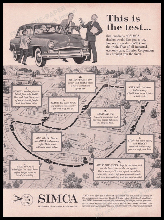 Chrysler Simca Imported from Paris Car 1950s Print Advertisement Ad 1959 Fetch the Paper!
