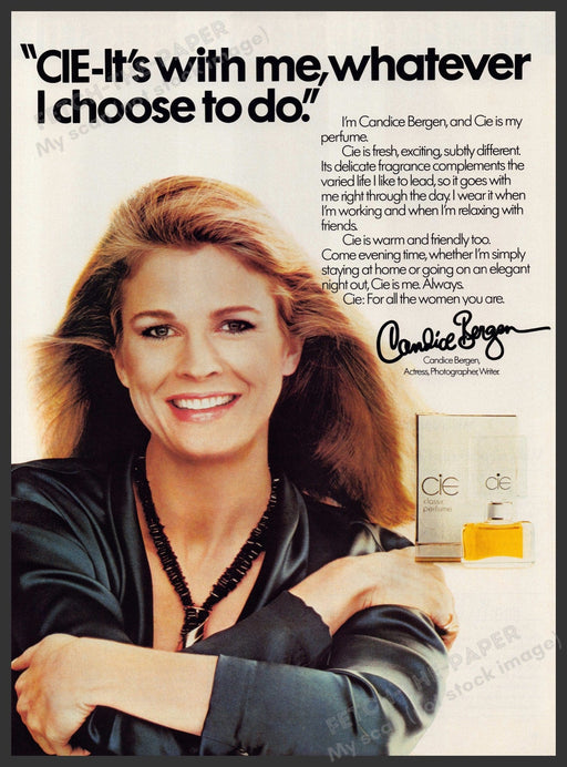 Cie Perfume with Candice Bergen 1980s Print Advertisement Ad 1982 Fetch the Paper!