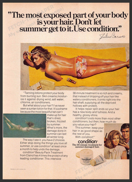 Clairol Condition Hair 1970s Print Advertisement 1976 Sunbathing Bare Back Fetch-the-Paper