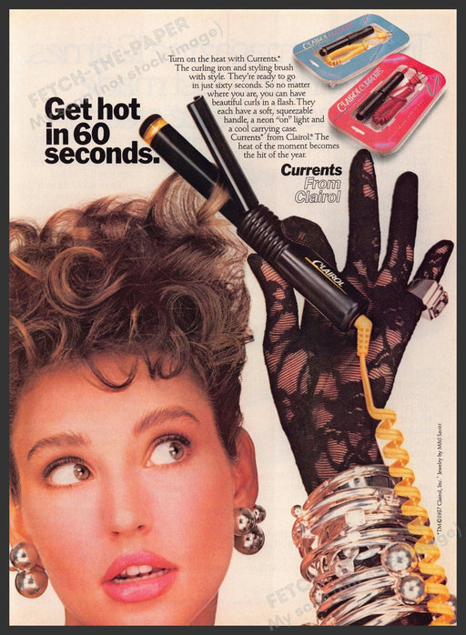 Clairol Currents 1980s Print Advertisement 1987 Curls "Get hot in 60 seconds" Clairol