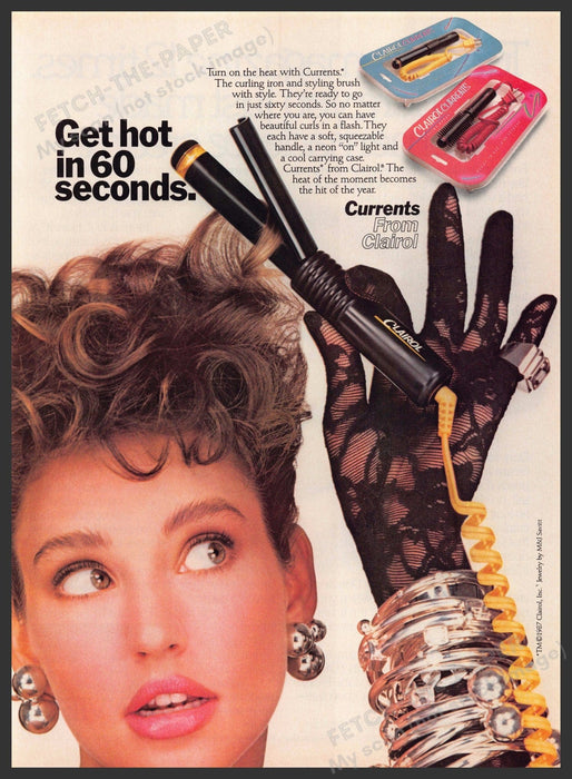Clairol Currents 1980s Print Advertisement 1987 Curls "Get hot in 60 seconds" Clairol