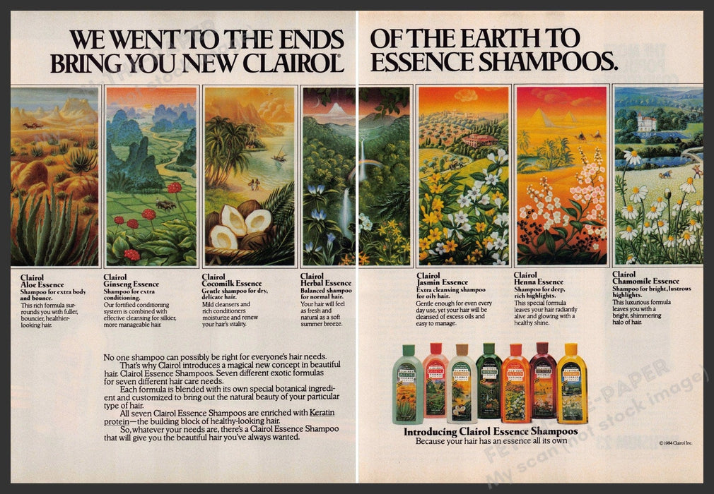 Clairol Essence Hair Shampoo 1980s Print Advertisement (2pg centerfold) 1984 Fetch-the-Paper