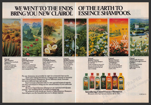 Clairol Essence Hair Shampoo 1980s Print Advertisement (2pg centerfold) 1984 Fetch-the-Paper