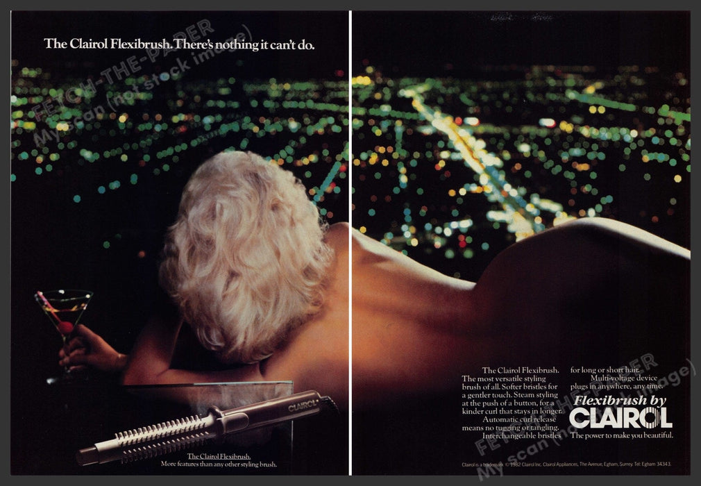 Clairol Flexibruth Hair 1980s Print Advertisement Ad (2 pg) 1982 Bare Back City Fetch the Paper!