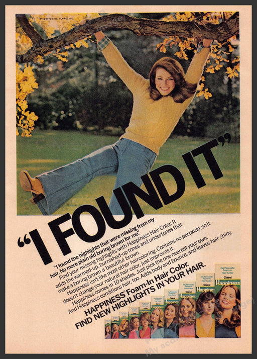 Clairol Happiness 1970s Print Advertisement 1976 Hair Girl Swinging on a Branch Fetch-the-Paper